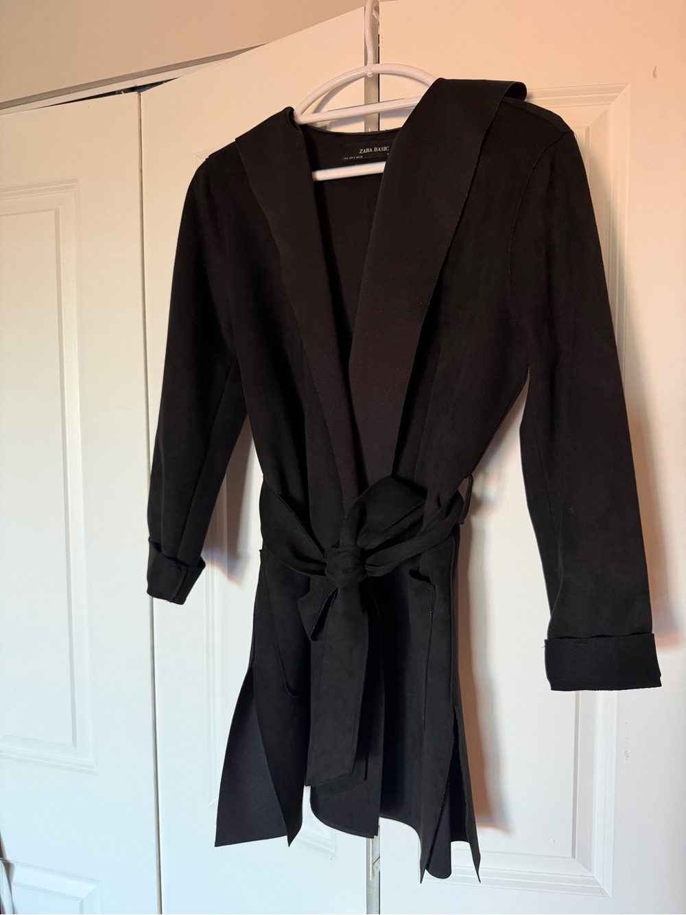 Zara Basic Black Faux Suede Belted Longline Coat – Size M